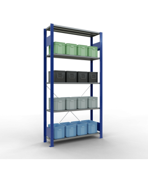 Schwerlastregal Grundregal, 2000x1000x300 mm (HxBxT), 5 Fachböden, 85 kg Fachlast, Kreuzstrebe, RAL 5010 enzianblau
