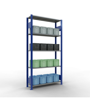 Schwerlastregal Grundregal, 2000x1000x300 mm (HxBxT), 5 Fachböden, 85 kg Fachlast, Längenriegel, RAL 5010 enzianblau