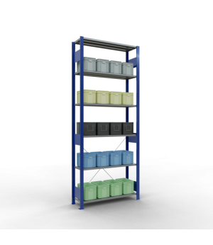 Schwerlastregal Grundregal, 2500x1000x300 mm (HxBxT), 6 Fachböden, 85 kg Fachlast, Kreuzstrebe, RAL 5010 enzianblau