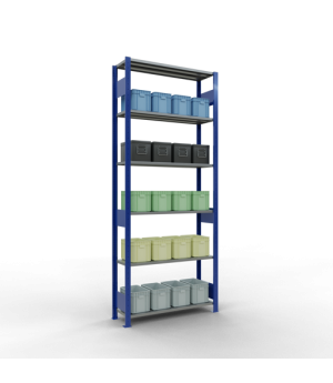 Schwerlastregal Grundregal, 2500x1000x300 mm (HxBxT), 6 Fachböden, 85 kg Fachlast, Längenriegel, RAL 5010 enzianblau