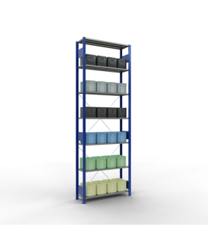 Schwerlastregal Grundregal, 3000x1000x300 mm (HxBxT), 7 Fachböden, 85 kg Fachlast, Kreuzstrebe, RAL 5010 enzianblau