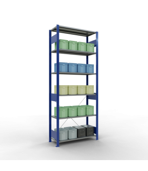 Schwerlastregal Grundregal, 2500x1000x400 mm (HxBxT), 6 Fachböden, 85 kg Fachlast, Kreuzstrebe, RAL 5010 enzianblau