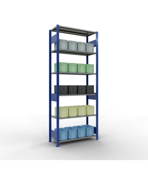 Schwerlastregal Grundregal, 2500x1000x400 mm (HxBxT), 6 Fachböden, 85 kg Fachlast, Längenriegel, RAL 5010 enzianblau