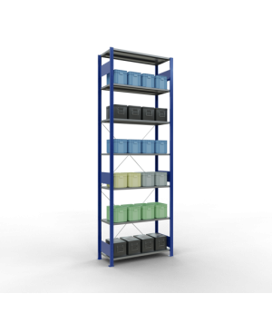Schwerlastregal Grundregal, 3000x1000x400 mm (HxBxT), 7 Fachböden, 85 kg Fachlast, Kreuzstrebe, RAL 5010 enzianblau