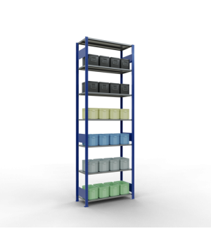 Schwerlastregal Grundregal, 3000x1000x400 mm (HxBxT), 7 Fachböden, 85 kg Fachlast, Längenriegel, RAL 5010 enzianblau