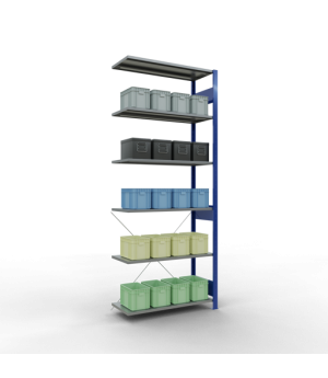 Schwerlastregal Anbauregal, 2500x1000x400 mm (HxBxT), 6 Fachböden, 85 kg Fachlast, Kreuzstrebe, RAL 5010 enzianblau