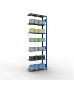 Schwerlastregal Anbauregal, 3000x1000x400 mm (HxBxT), 7 Fachböden, 85 kg Fachlast, Kreuzstrebe, RAL 5010 enzianblau
