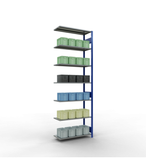 Schwerlastregal Anbauregal, 3000x1000x400 mm (HxBxT), 7 Fachböden, 85 kg Fachlast, Längenriegel, RAL 5010 enzianblau