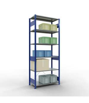 Schwerlastregal Grundregal, 2500x1000x500 mm (HxBxT), 6 Fachböden, 85 kg Fachlast, Kreuzstrebe, RAL 5010 enzianblau