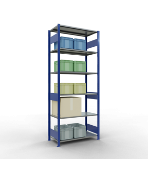 Schwerlastregal Grundregal, 2500x1000x500 mm (HxBxT), 6 Fachböden, 85 kg Fachlast, Längenriegel, RAL 5010 enzianblau