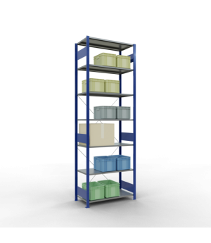 Schwerlastregal Grundregal, 3000x1000x500 mm (HxBxT), 7 Fachböden, 85 kg Fachlast, Kreuzstrebe, RAL 5010 enzianblau