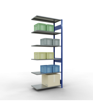 Schwerlastregal Anbauregal, 2500x1000x500 mm (HxBxT), 6 Fachböden, 85 kg Fachlast, Längenriegel, RAL 5010 enzianblau