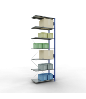 Schwerlastregal Anbauregal, 3000x1000x500 mm (HxBxT), 7 Fachböden, 85 kg Fachlast, Kreuzstrebe, RAL 5010 enzianblau