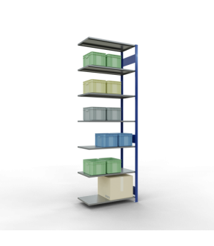 Schwerlastregal Anbauregal, 3000x1000x500 mm (HxBxT), 7 Fachböden, 85 kg Fachlast, Längenriegel, RAL 5010 enzianblau