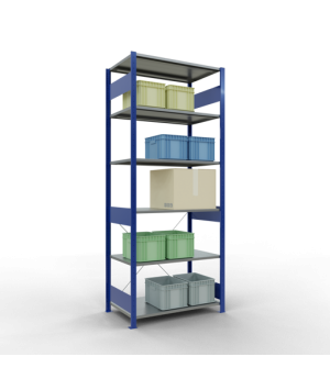 Schwerlastregal Grundregal, 2500x1000x600 mm (HxBxT), 6 Fachböden, 85 kg Fachlast, Kreuzstrebe, RAL 5010 enzianblau