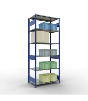 Schwerlastregal Grundregal, 2500x1000x600 mm (HxBxT), 6 Fachböden, 85 kg Fachlast, Längenriegel, RAL 5010 enzianblau