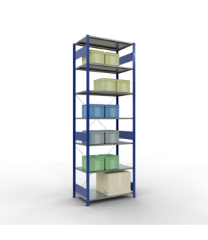 Schwerlastregal Grundregal, 3000x1000x600 mm (HxBxT), 7 Fachböden, 85 kg Fachlast, Kreuzstrebe, RAL 5010 enzianblau