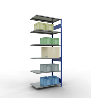 Schwerlastregal Anbauregal, 2500x1000x600 mm (HxBxT), 6 Fachböden, 85 kg Fachlast, Längenriegel, RAL 5010 enzianblau