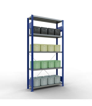Schwerlastregal Grundregal, 2000x1000x300 mm (HxBxT), 5 Fachböden, Fachlast 330 kg, Kreuzstrebe, RAL 5010 enzianblau/verzinkt