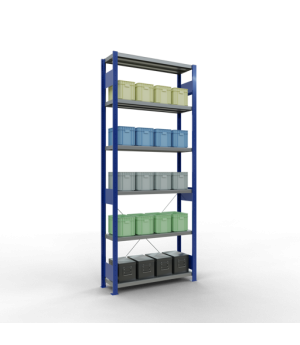 Schwerlastregal Grundregal, 2500x1000x300 mm (HxBxT), 6 Fachböden, Fachlast 330 kg, Kreuzstrebe, RAL 5010 enzianblau/verzinkt