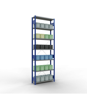 Schwerlastregal Grundregal, 3000x1000x300 mm (HxBxT), 7 Fachböden, Fachlast 330 kg, Kreuzstrebe, RAL 5010 enzianblau/verzinkt