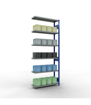 Schwerlastregal Anbauregal, 2500x1000x300 mm (HxBxT), 6 Fachböden, Fachlast 330 kg, Längenriegel, RAL 5010 enzianblau/verzinkt