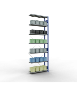 Schwerlastregal Anbauregal, 3000x1000x300 mm (HxBxT), 7 Fachböden, Fachlast 330 kg, Kreuzstrebe, RAL 5010 enzianblau/verzinkt