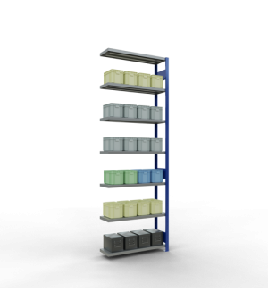 Schwerlastregal Anbauregal, 3000x1000x300 mm (HxBxT), 7 Fachböden, Fachlast 330 kg, Längenriegel, RAL 5010 enzianblau/verzinkt