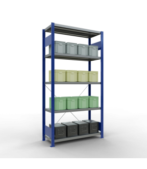 Schwerlastregal Grundregal, 2000x1000x400 mm (HxBxT), 5 Fachböden, Fachlast 330 kg, Kreuzstrebe, RAL 5010 enzianblau/verzinkt