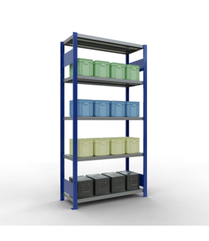 Schwerlastregal Grundregal, 2000x1000x400 mm (HxBxT), 5 Fachböden, Fachlast 330 kg, Längenriegel, RAL 5010 enzianblau/verzinkt