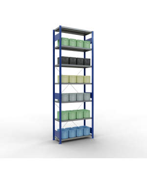 Schwerlastregal Grundregal, 3000x1000x400 mm (HxBxT), 7 Fachböden, Fachlast 330 kg, Kreuzstrebe, RAL 5010 enzianblau/verzinkt