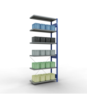 Schwerlastregal Anbauregal, 2500x1000x400 mm (HxBxT), 6 Fachböden, Fachlast 330 kg, Kreuzstrebe, RAL 5010 enzianblau/verzinkt