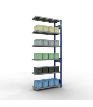 Schwerlastregal Anbauregal, 2500x1000x400 mm (HxBxT), 6 Fachböden, Fachlast 330 kg, Längenriegel, RAL 5010 enzianblau/verzinkt