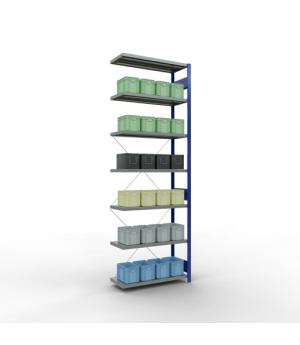 Schwerlastregal Anbauregal, 3000x1000x400 mm (HxBxT), 7 Fachböden, Fachlast 330 kg, Kreuzstrebe, RAL 5010 enzianblau/verzinkt