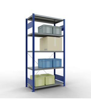 Schwerlastregal Grundregal, 2000x1000x500 mm (HxBxT), 5 Fachböden, Fachlast 330 kg, Kreuzstrebe, RAL 5010 enzianblau/verzinkt