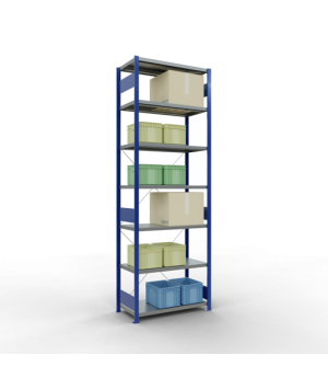 Schwerlastregal Grundregal, 3000x1000x500 mm (HxBxT), 7 Fachböden, Fachlast 330 kg, Kreuzstrebe, RAL 5010 enzianblau/verzinkt