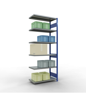 Schwerlastregal Anbauregal, 2500x1000x500 mm (HxBxT), 6 Fachböden, Fachlast 330 kg, Längenriegel, RAL 5010 enzianblau/verzinkt