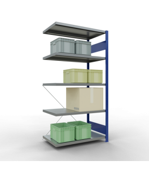Schwerlastregal Anbauregal, 2000x1000x600 mm (HxBxT), 5 Fachböden, Fachlast 330 kg, Kreuzstrebe, RAL 5010 enzianblau/verzinkt