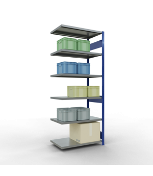 Schwerlastregal Anbauregal, 2500x1000x600 mm (HxBxT), 6 Fachböden, Fachlast 330 kg, Längenriegel, RAL 5010 enzianblau/verzinkt