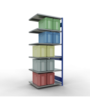 Schwerlastregal Anbauregal, 2500x1000x800 mm (HxBxT), 6 Fachböden, Fachlast 330 kg, Längenriegel, RAL 5010 enzianblau/verzinkt