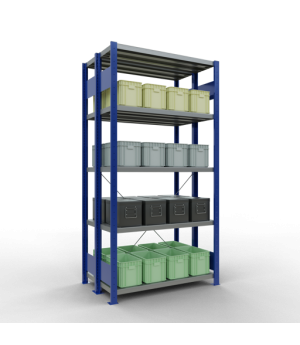 Schwerlastregal Doppel-Grundregal 2000x1000x(2x300) mm, 2x5 Fachböden, 250 kg Fachlast, Kreuzstrebe, RAL 5010 enzianblau/verzinkt