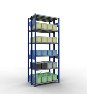 Schwerlastregal Doppel-Grundregal 2500x1000x(2x300) mm, 2x6 Fachböden, 250 kg Fachlast, Kreuzstrebe, RAL 5010 enzianblau/verzinkt