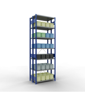 Schwerlastregal Doppel-Grundregal 3000x1000x(2x300) mm, 2x7 Fachböden, 250 kg Fachlast, Kreuzstrebe, RAL 5010 enzianblau/verzinkt