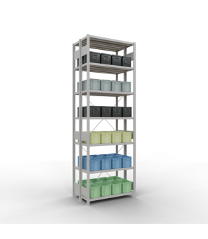 Schwerlastregal Doppel-Grundregal 3000x1000x(2x300) mm, 2x7 Fachböden, 250 kg Fachlast, Kreuzstrebe, RAL 7035 lichtgrau