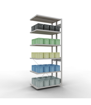 Schwerlastregal Doppel-Anbauregal 2500x1000x(2x300) mm, 2x6 Fachböden, 250 kg Fachlast, Kreuzstrebe, RAL 7035 lichtgrau