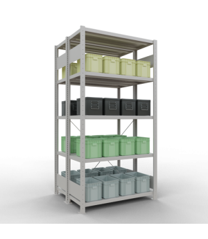 Schwerlastregal Doppel-Grundregal 2000x1000x(2x400) mm, 2x5 Fachböden, 250 kg Fachlast, Kreuzstrebe, RAL 7035 lichtgrau
