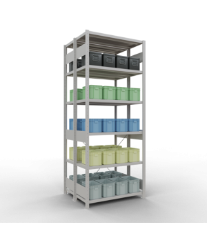 Schwerlastregal Doppel-Grundregal 2500x1000x(2x400) mm, 2x6 Fachböden, 250 kg Fachlast, Kreuzstrebe, RAL 7035 lichtgrau