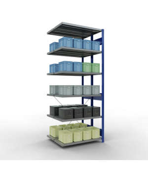 Schwerlastregal Doppel-Anbauregal 2500x1000x(2x400) mm, 2x6 Fachböden, 250 kg Fachlast, Kreuzstrebe, RAL 5010 enzianblau/verzinkt