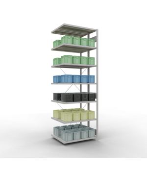 Schwerlastregal Doppel-Anbauregal 3000x1000x(2x400) mm, 2x7 Fachböden, 250 kg Fachlast, Kreuzstrebe, RAL 7035 lichtgrau