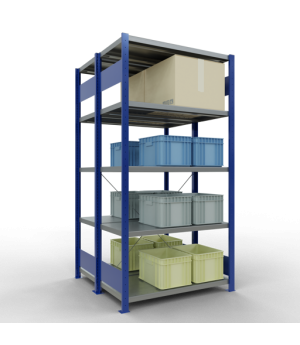 Schwerlastregal Doppel-Grundregal 2000x1000x(2x500) mm, 2x5 Fachböden, 250 kg Fachlast, Kreuzstrebe, RAL 5010 enzianblau/verzinkt